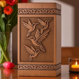 Wooden Urn Box with Hummingbird Engraving – Handcrafted Rosewood Cremation Urn for Ashes – Personalized Tribute – Wooden Urn for Loved Ones