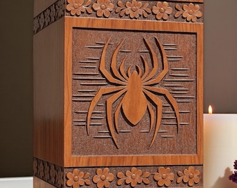 Handcrafted Wooden Urn Box with Spider | Personalized Cremation Urn