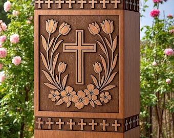 Handcrafted Wooden Cremation Urn with Floral Cross - Engraved Memorial Keepsake