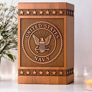 Personalized Navy urn box for ashes, engraved with US Navy logo silhouette.

US Navy memorial urn box, custom engraved with the official logo silhouette.

Wooden keepsake urn with US Navy logo silhouette engraving for memorial ashes.

US Navy logo urn box, handcrafted from rosewood, perfect for military memorials.

Custom Navy urn with engraved US Navy logo silhouette, ideal for cremation ashes.

Rosewood memorial urn with US Navy logo engraving, perfect for veteran tributes.