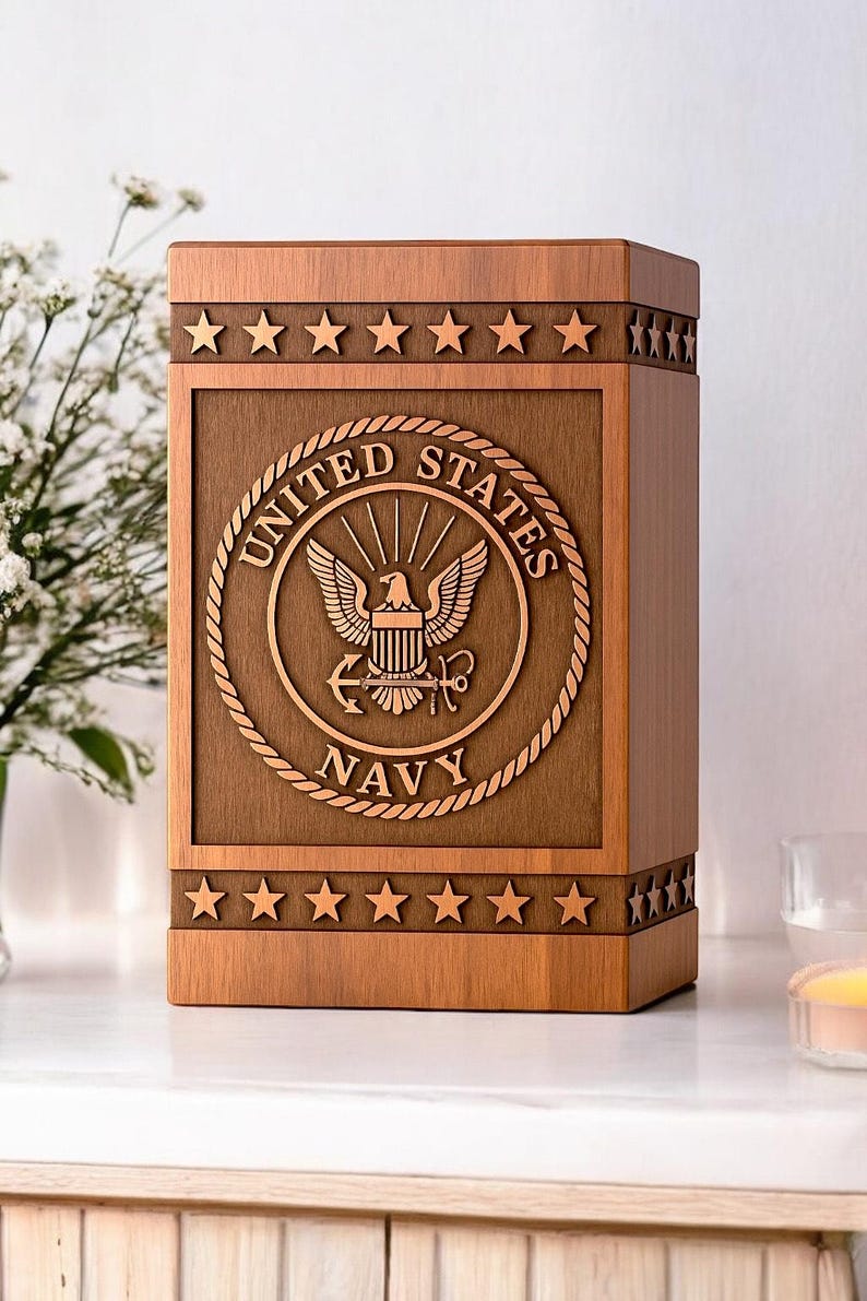 Personalized Navy urn box for ashes, engraved with US Navy logo silhouette.

US Navy memorial urn box, custom engraved with the official logo silhouette.

Wooden keepsake urn with US Navy logo silhouette engraving for memorial ashes.

US Navy logo urn box, handcrafted from rosewood, perfect for military memorials.

Custom Navy urn with engraved US Navy logo silhouette, ideal for cremation ashes.

Rosewood memorial urn with US Navy logo engraving, perfect for veteran tributes.