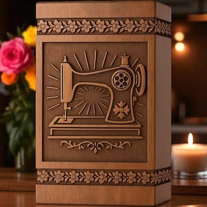 Handmade Wooden Urn Box with Sewing Machine Engraving | Tailor & Sewing Lover Memorial Cremation Urn | Personalized Keepsake Box