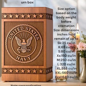 Wooden urn box for cremation ashes with custom US Navy logo silhouette engraving.

Rosewood urn for ashes with engraved US Navy logo silhouette, perfect for memorializing veterans.

Custom engraved memorial urn with US Navy logo silhouette for ashes.

Handcrafted wooden urn box with engraved US Navy logo for military memorials.

Wooden urn for ashes with personalized US Navy logo silhouette engraving.

Custom military urn box with US Navy logo engraving, perfect for ashes.