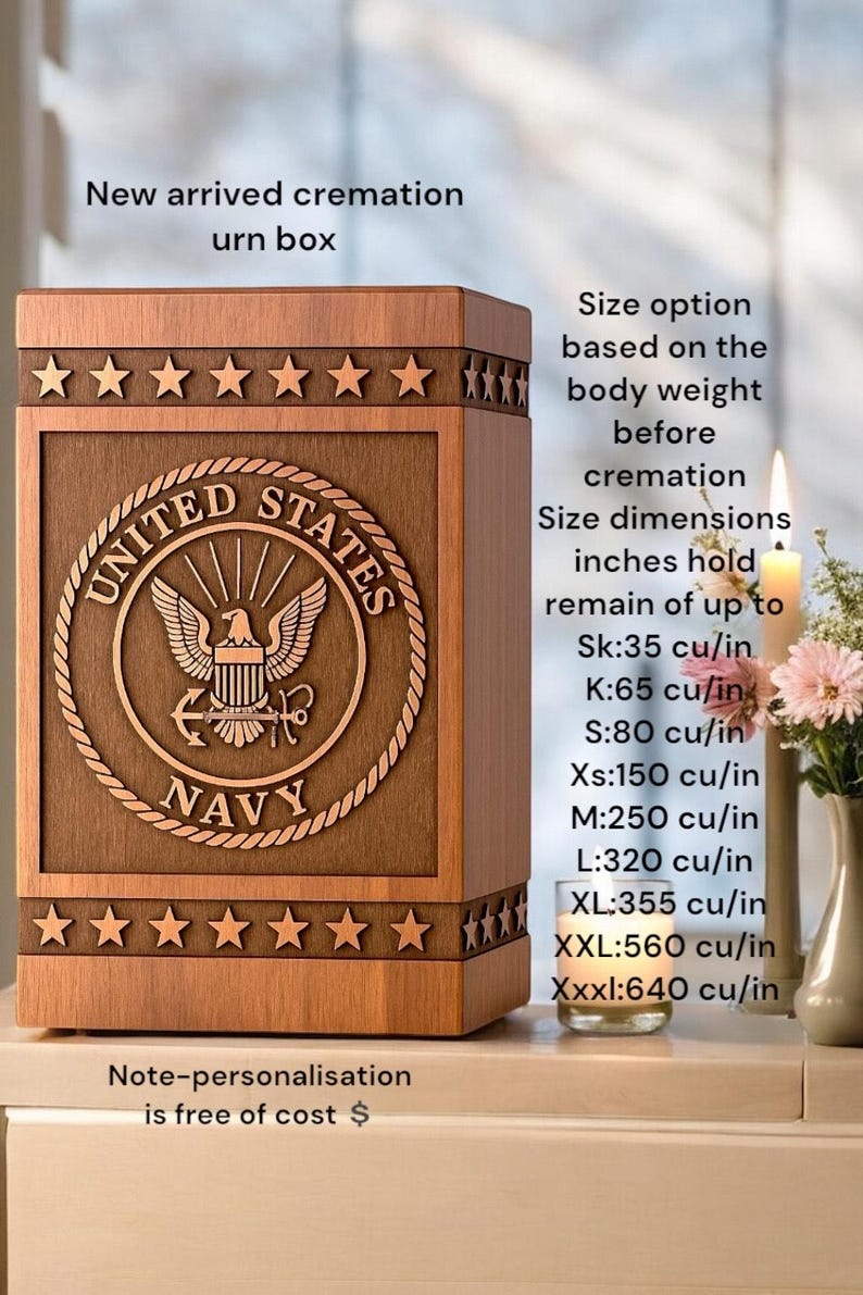 Wooden urn box for cremation ashes with custom US Navy logo silhouette engraving.

Rosewood urn for ashes with engraved US Navy logo silhouette, perfect for memorializing veterans.

Custom engraved memorial urn with US Navy logo silhouette for ashes.

Handcrafted wooden urn box with engraved US Navy logo for military memorials.

Wooden urn for ashes with personalized US Navy logo silhouette engraving.

Custom military urn box with US Navy logo engraving, perfect for ashes.