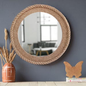 Handmade Coastal Wood Round Wall Mirror with Nautical Rope