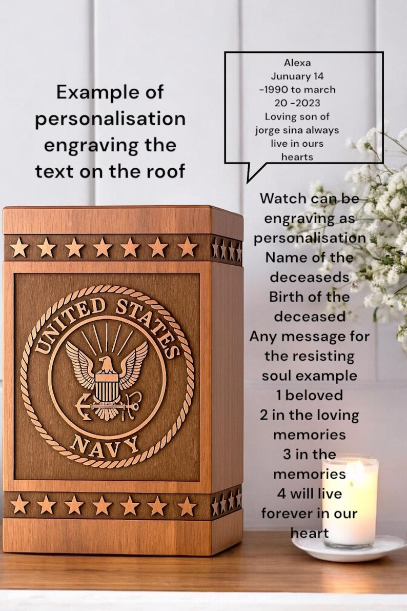 Handmade wooden urn box for ashes, engraved with US Navy logo silhouette.

Custom Navy logo urn box, crafted from rosewood and engraved for memorial ashes.

Wooden memorial urn box with engraved US Navy logo silhouette for veteran ashes.

Personalized wooden urn box for ashes with US Navy logo silhouette engraving.

US Navy logo silhouette urn, handcrafted and engraved for veteran cremation ashes.

Handcrafted wooden urn with US Navy logo, engraved for a veteran’s memorial.