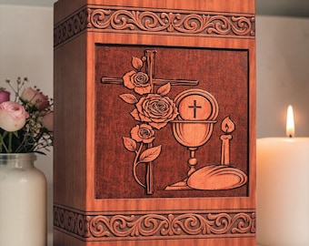 Wooden Urn Box, Engraved Christian Cross Roses Communion Keepsake