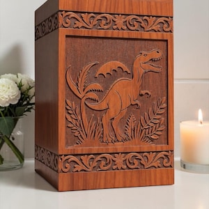 Handcrafted Wooden Dinosaur Urn | Personalized Cremation Box | T-Rex Memorial