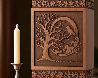 Handmade Tree of Life Wooden Cremation Urn: Engraved Memorial Ashes Box