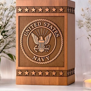 Handcrafted wooden urn box with US Navy logo silhouette, perfect for ashes.

Custom engraved Navy urn box, handcrafted from rosewood with personalized logo.

Wooden urn for ashes, custom engraved with US Navy logo for veteran memorial.

Personalized US Navy urn with logo engraving, perfect for cremation ashes.

US Navy tribute urn box, handcrafted and engraved with Navy logo silhouette.

Custom wooden urn box for ashes, engraved with US Navy logo silhouette.