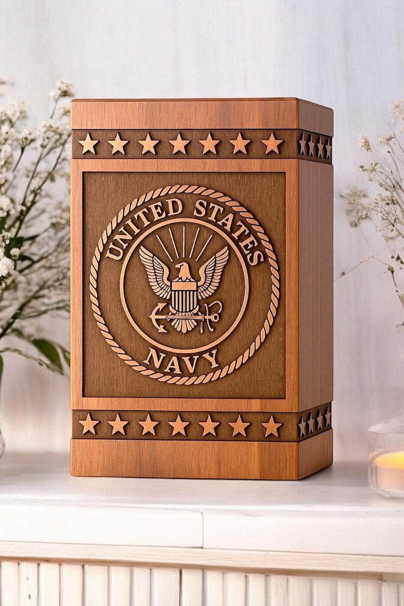Handcrafted wooden urn box with US Navy logo silhouette, perfect for ashes.

Custom engraved Navy urn box, handcrafted from rosewood with personalized logo.

Wooden urn for ashes, custom engraved with US Navy logo for veteran memorial.

Personalized US Navy urn with logo engraving, perfect for cremation ashes.

US Navy tribute urn box, handcrafted and engraved with Navy logo silhouette.

Custom wooden urn box for ashes, engraved with US Navy logo silhouette.