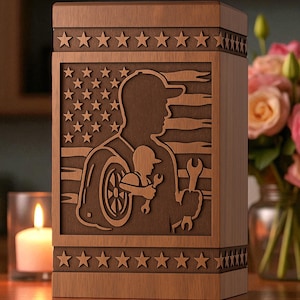 Handmade Rosewood Cremation Urn Box with Mechanic & American Flag Design | Personalized Memorial Urn for Veteran or Mechanic
