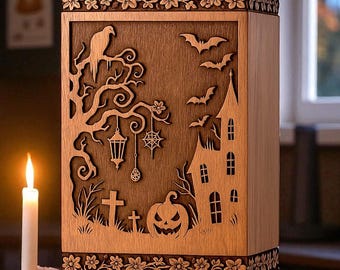 Handmade Wooden Halloween Cremation Urn: Spooky Memorial Box