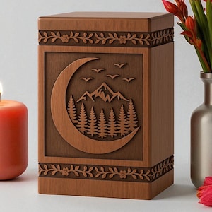 Personalized Wooden Cremation Urn with Mountain & Moon Engraving – Custom Memorial Urn Box – Handcrafted Urn for Ashes-Scenic mountain urn