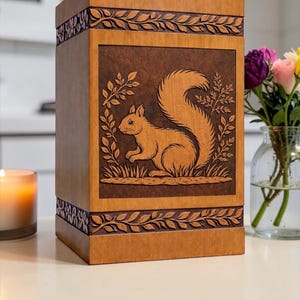 Handcrafted Wooden Urn Box, Squirrel Nature Engraved Cremation Keepsake