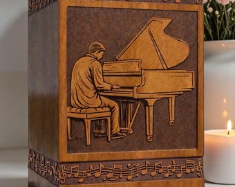 Personalized Piano Music Wooden Urn Box, Engraved Memorial Cremation Tribute