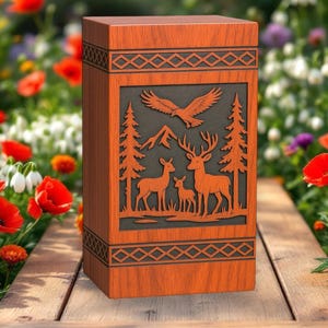 Urna de madera con forma de ciervo para cenizas – Caja de cremación conmemorativa hecha a mano – Urna funeraria con grabado de ciervo – Personalizada en palisandro, mango y haya –