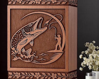 Urna de pesca de madera grabada: recuerdo artesanal de un pescador