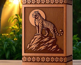 Custom Rosewood Urn Box: Engraved Tiger Design, Adult & Pet Memorial