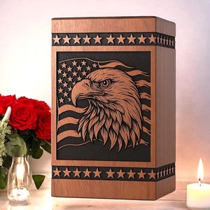 Wooden Urn with Eagle and Flag | Personalized Veteran Cremation Box | Rustic Patriotic Memorial Urn | Handmade Tribute  Ashes- Keepsake Urn