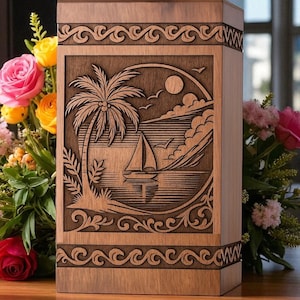 Handcrafted Wooden Cremation Urn with Palm Tree & Sailboat Engraving – Custom Memorial Urn Box – Personalized Urn for Ashes – In Loving urn