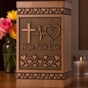 Personalized Rosewood Cremation Urn: Hope, Faith, Love, Cross & Heart wooden urn box for ashes