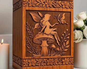 Urna cineraria in legno personalizzata con incisione di una fata, ricordo commemorativo per le ceneri.