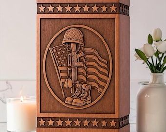 Handcrafted Rosewood Cremation Urn: Soldier and Flag Memorial