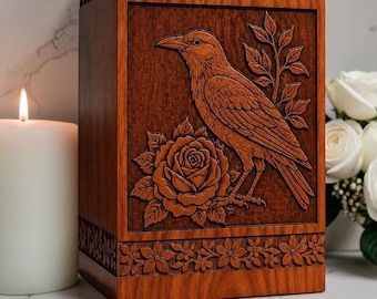 Personalized Raven Rose Wooden Urn Box – Hand-Carved Memorial Cremation Keepsake