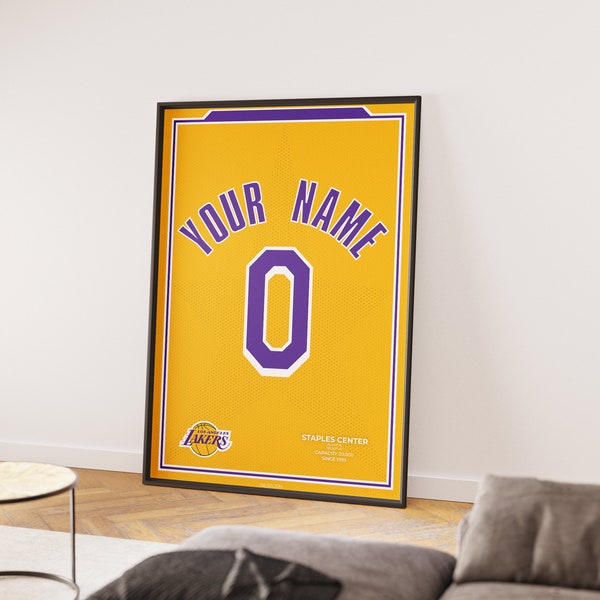Cadre personnalisable pour maillot de basketball LA Lakers | Matériel numérique imprimable | Art mural sur le thème du sport | Cadeau d'un jour spécial | Affiche de basket-ball