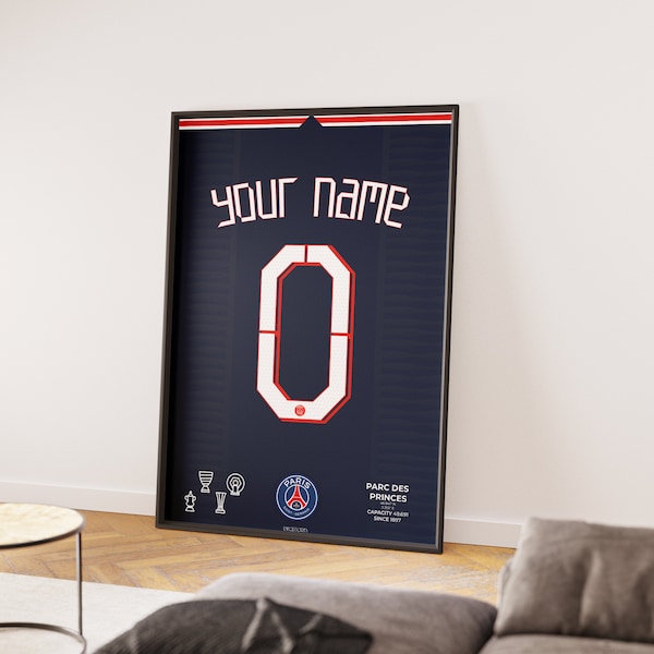 Cadre personnalisable pour maillot de football PSG | Matériel numérique imprimable | Art mural sur le thème du sport | Cadeau d'un jour spécial | Affiche de football