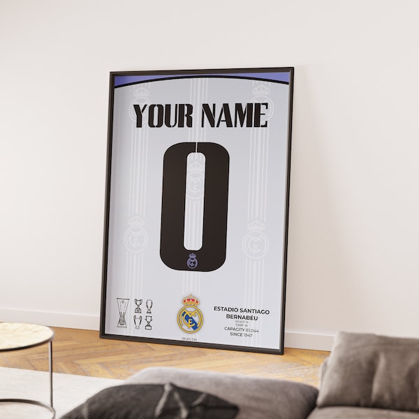 Anpassbarer Real Madrid Fußballjersey Rahmen | Digitales Druckmaterial | Sport unter dem Motto Wandkunst | Besonderes Tag Geschenk | Fußball Poster