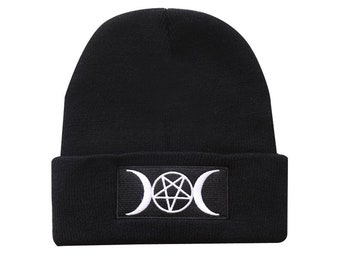 Embroidered Triple Moon Pentagram Beanie Hat, Wiccan Knit Cuffed Beanie Winter Cap