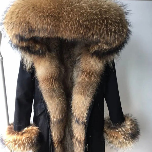 Parka en fourrure de renard véritable et fourrure de raton laveur Wild Elegance | Manteau | Veste d'hiver | Idée cadeau de luxe | Manteau d'hiver | Noël | Prime | Imperméable