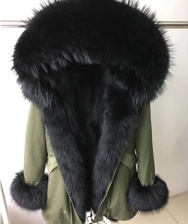 Black Elegance Real Fox Fur and Raccoon Fur Parka Coat Winter Jacket ...