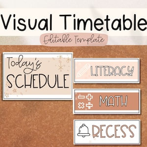 Pode incluir: Um horário visual com fundo bege e contornos pretos. O cartão superior diz "Today's Schedule" com estrelas douradas e flocos de neve. Os outros cartões dizem "Literacy", "Math" e "Recess" com ícones correspondentes.
