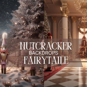 Könnte beinhalten: Zwei Weihnachtskulissen mit einem Nussknacker-Thema. Die erste Kulisse zeigt einen verschneiten Wald mit einer Reihe von rosafarbenen Nussknacker-Soldaten. Die zweite Kulisse zeigt einen großen Ballsaal mit einem Weihnachtsbaum und zwei Nussknacker-Soldaten.