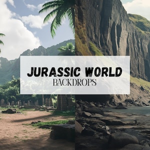 Könnte beinhalten: Zwei Bilder einer tropischen Inselkulisse mit üppiger grüner Vegetation, felsigen Klippen und einem blauen Meer. Der Text "Jurassic World Backdrops" ist über die Bilder gelegt.