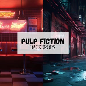 May include: Two cinematic backdrops inspired by the film Pulp Fiction. The first backdrop is a red diner booth with a chequered floor and neon signs. The second backdrop is a dark alleyway with graffiti and a wet, reflective surface.