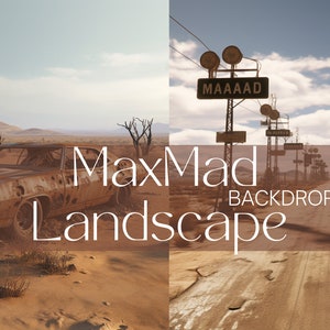 Pode incluir: Um carro enferrujado está abandonado em uma paisagem desértica. O carro está cercado por areia e arbustos. Ao fundo, uma estrada se estende até o horizonte, ladeada por postes de luz antigos. O texto "MaxMad Backdrops Landscape" é sobreposto à imagem.