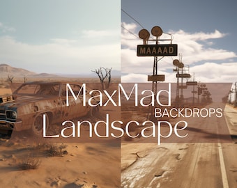 May include: A rusty car is abandoned in a desert landscape. The car is surrounded by sand and scrub brush. In the background, a road stretches out into the distance, lined with old-fashioned streetlights. The text "MaxMad Backdrops Landscape" is superimposed over the image.