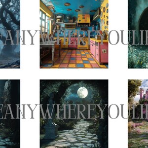 May include: A collage of six different fantasy-themed images. The first image shows a dark forest with tall trees. The second image shows a colorful kitchen with a blue ceiling and yellow cabinets. The third image shows a stone archway in a forest. The fourth image shows a dark forest path with a light at the end. The fifth image shows a path through a forest with a full moon in the sky. The sixth image shows a pink house with a stone path leading to it.