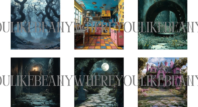 May include: A collage of six different fantasy-themed images. The first image shows a dark forest with tall trees. The second image shows a colorful kitchen with a blue ceiling and yellow cabinets. The third image shows a stone archway in a forest. The fourth image shows a dark forest path with a light at the end. The fifth image shows a path through a forest with a full moon in the sky. The sixth image shows a pink house with a stone path leading to it.