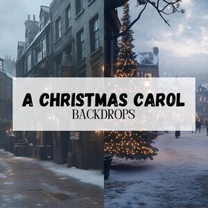 Puede incluir: Una calle empedrada cubierta de nieve, bordeada de edificios de la época victoriana, decorados para Navidad. Un gran árbol de Navidad se alza en el centro de la calle, iluminado con luces parpadeantes. El texto "A Christmas Carol Backdrops" está superpuesto a la imagen.