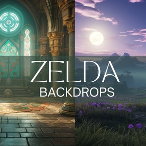 以下が含まれることがあります： ゼルダの伝説ビデオゲームシリーズからインスピレーションを受けた2つのデジタル背景。最初の背景は、大きな装飾的なターコイズ色の窓のある石の部屋です。2番目の背景は、遠くの山脈と空の満月のある紫色の花のフィールドです。