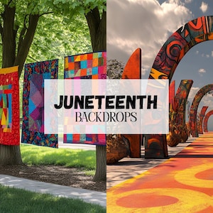 May include: Two Juneteenth backdrops. The first backdrop is a row of colorful patchwork quilts hanging from trees. The second backdrop is a colorful archway with a red, yellow, and orange pathway leading to it.