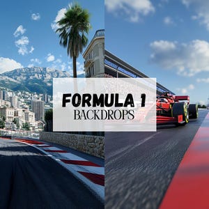 以下が含まれることがあります： 赤と白の市松模様のフィニッシュラインのあるフォーミュラ1のレースコース。赤いレーシングカーがコースの前景にあります。背景には、建物と山脈のある都市が映っています。画像の中央には「Formula 1 Backdrops」というテキストが表示されています。