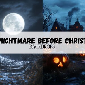 May include: Two Halloween-themed digital backdrops. The first backdrop features a dark, stormy sky with a full moon and a large, twisted branch. The second backdrop features a spooky town with a house, trees, and jack-o'-lanterns.