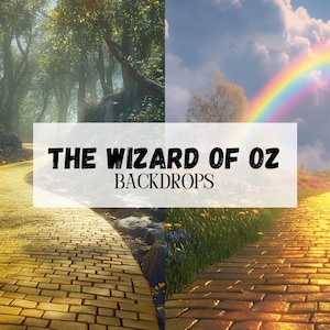May include: A yellow brick road leads through a lush green forest on the left and a field of flowers with a rainbow in the sky on the right. The text "THE WIZARD OF OZ BACKDROPS" is superimposed on the image.