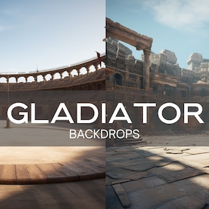 Peut inclure: Deux images d'un Colisée romain, l'une montrant l'intérieur avec un sol en bois et l'autre montrant l'extérieur avec un sol en pierre. Le texte "GLADIATOR BACKDROPS" est superposé aux images.